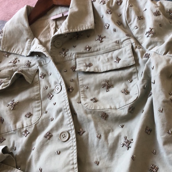 Chicos Green Boho Beaded Button Down Moto Jacket - Picture 9 of 10